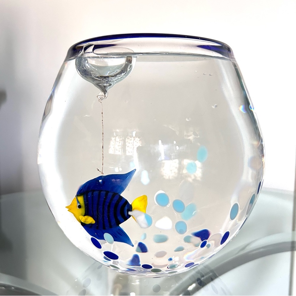 Blue & Clear Art Glass Fish Bowl with Bubble Glass Fish